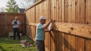 Homeowner asking a fence contractor questions before hiring for a residential fencing project