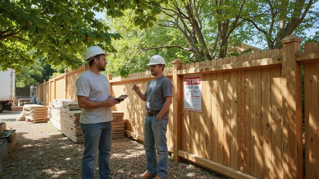 Fence contractor discussing permits and local fencing regulations with homeowner