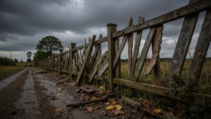 Wooden fence leaning after a heavy storm due to strong winds and soil erosion