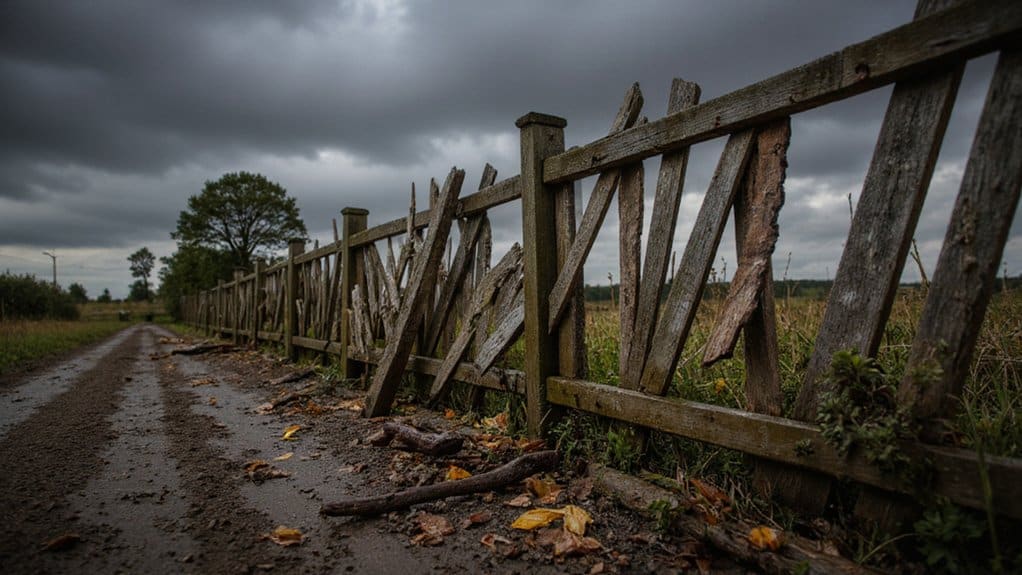 Wooden fence leaning after a heavy storm due to strong winds and soil erosion