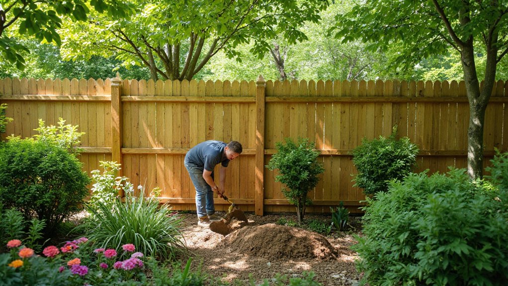 Fence layout planning near trees and flower beds in a backyard