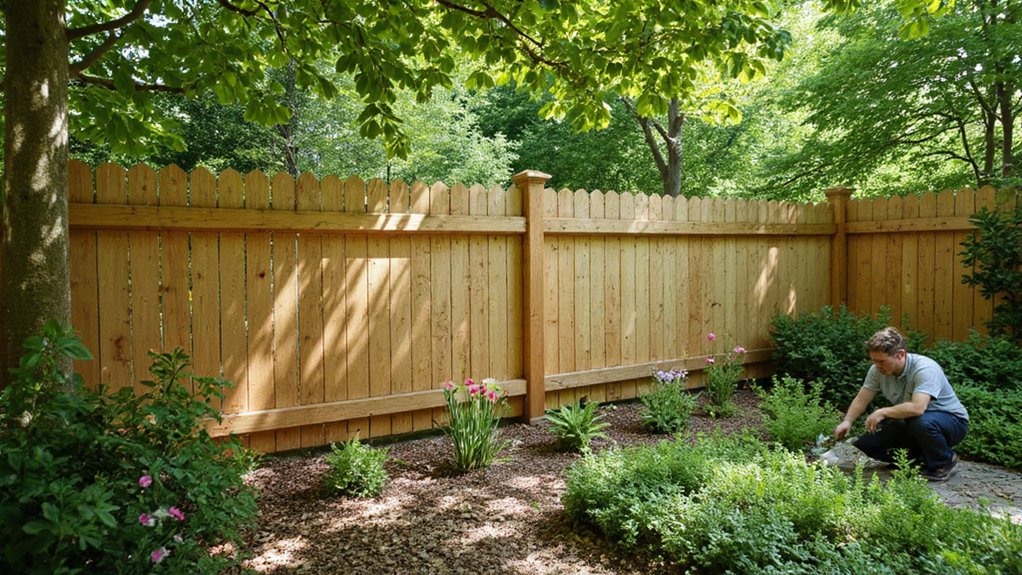 Freshly installed fence with maintained landscaping and healthy plants