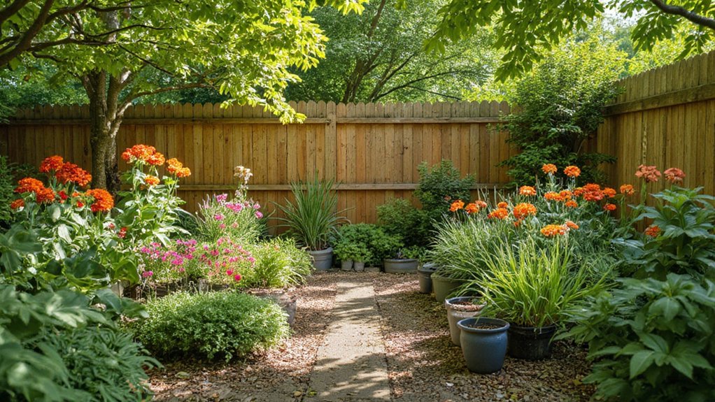 Covered garden plants protected during residential fence installation