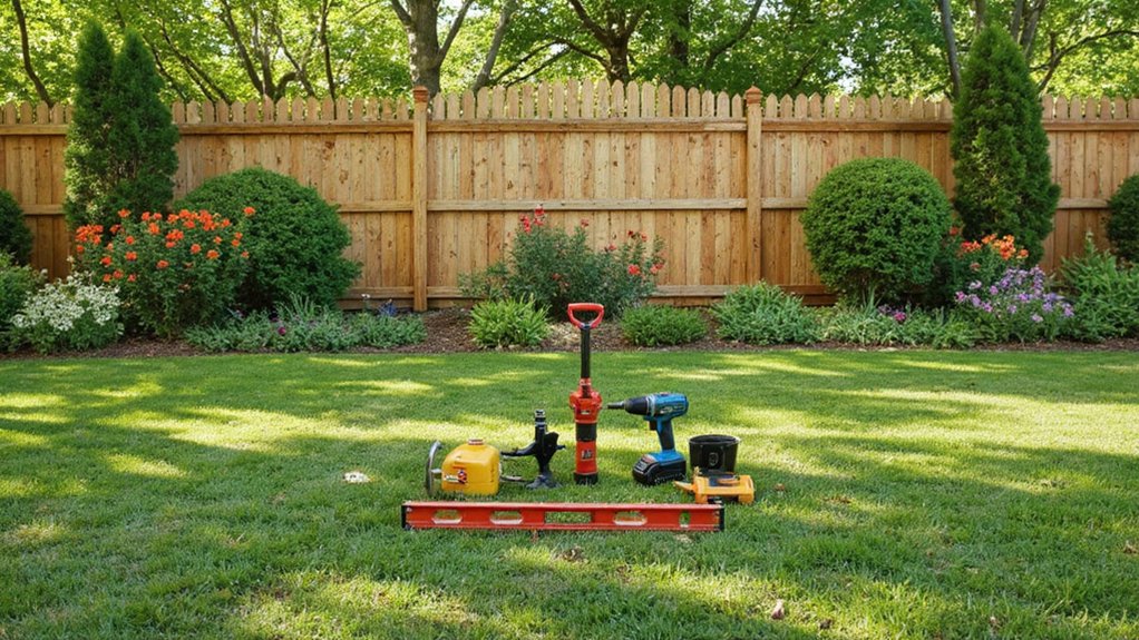 Fence installation tools placed carefully near landscaped garden area