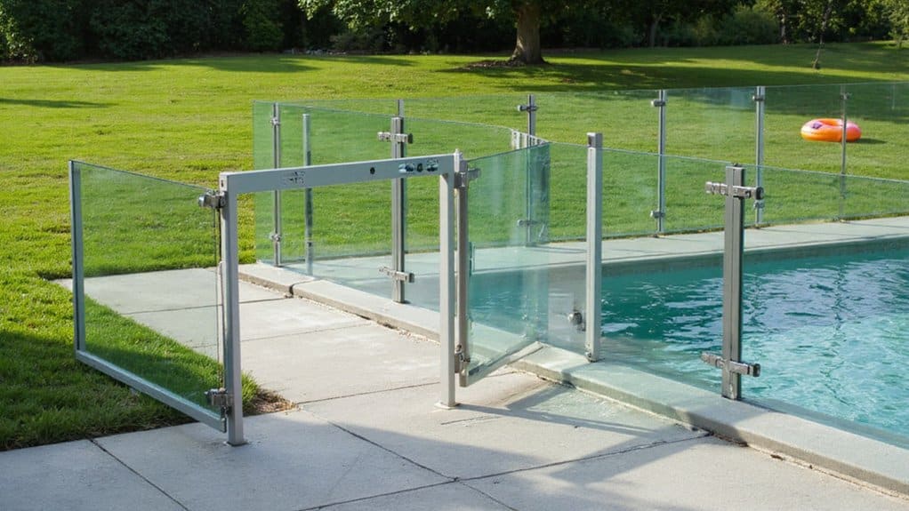Different pool fence styles including glass, aluminum, and mesh fencing around residential pools