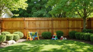 Child-proof backyard with a secure fence creating a safe outdoor play area for children