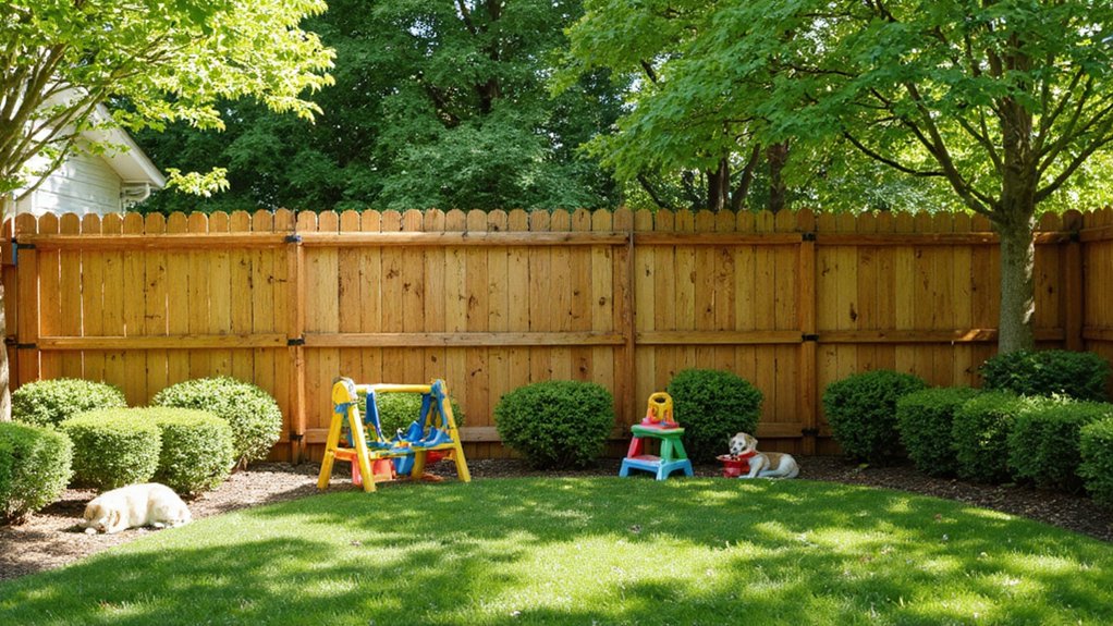 Child-proof backyard with a secure fence creating a safe outdoor play area for children