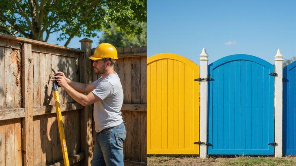 Professional fence contractor inspecting a residential fence before repair or replacement