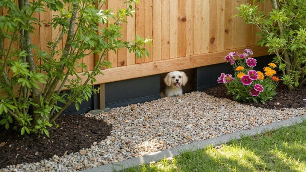 Dig-proof barrier installed beneath a backyard fence to stop small dogs from digging under