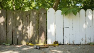 Homeowner comparing fence repair and fence replacement for a damaged backyard fence