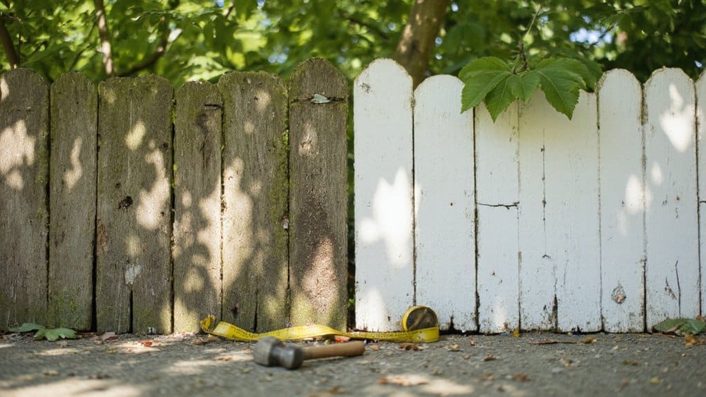 Homeowner comparing fence repair and fence replacement for a damaged backyard fence