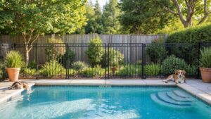 Family standing beside a safe and secure pool fence in a backyard swimming pool area