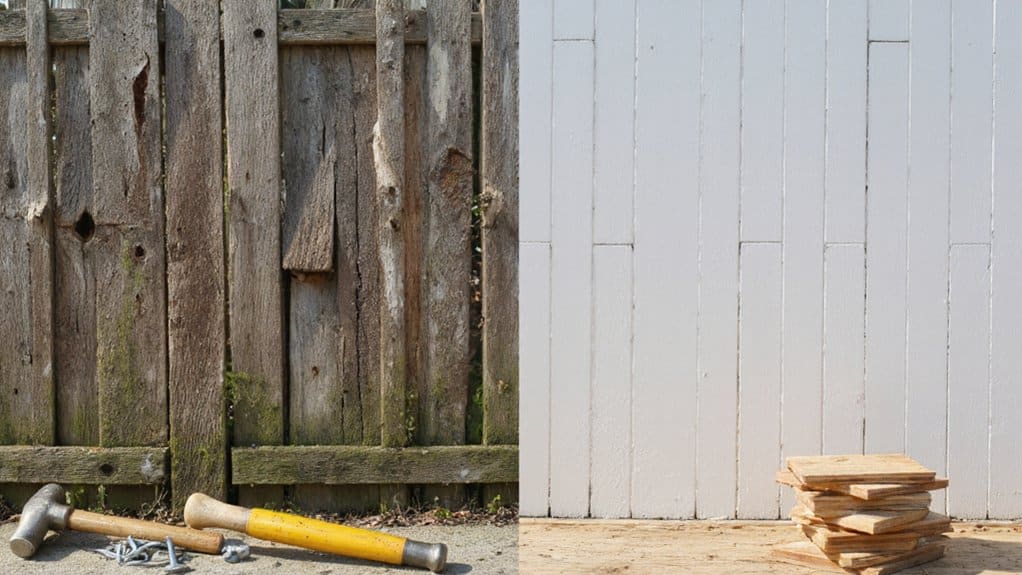 Damaged wooden fence with loose boards and leaning panels showing signs that fence repair is needed