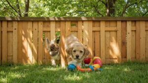 Small dog standing safely inside a fenced backyard with secure fencing to prevent escapes