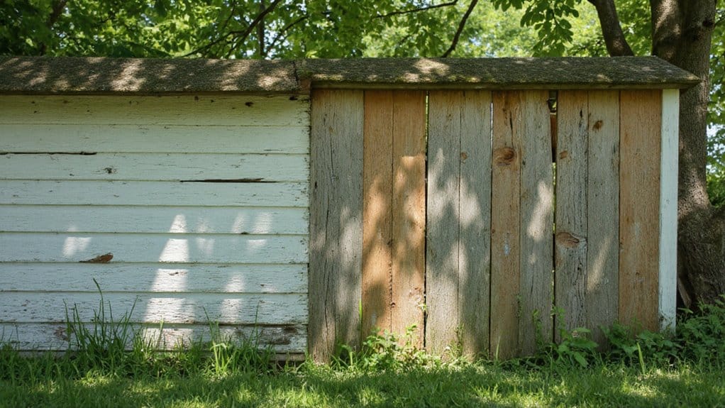 Aging wooden fence showing weathering, cracks, and wear that affect its condition