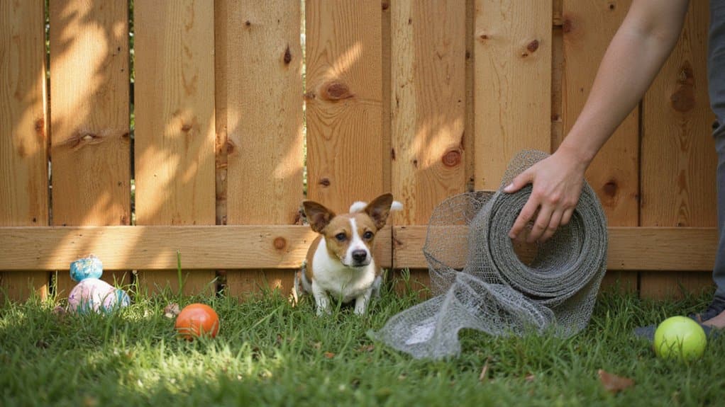 Homeowner inspecting a backyard fence for gaps and weak spots to prevent a small dog from escaping