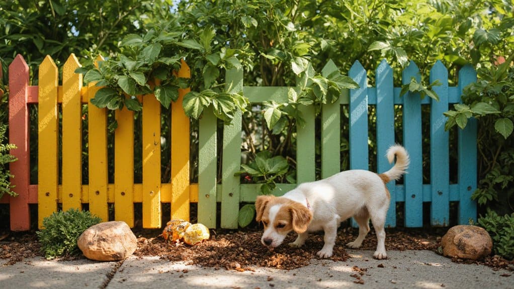 Natural plants and deterrents placed along a fence to discourage small dogs from escaping