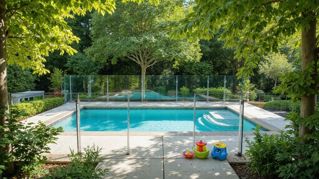 Pool fence protecting a family swimming pool with a secure safety barrier for children