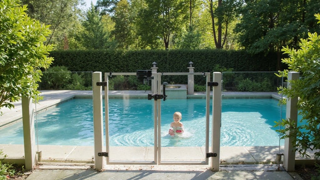 Pool fence gate with childproof lock and extra safety features for families