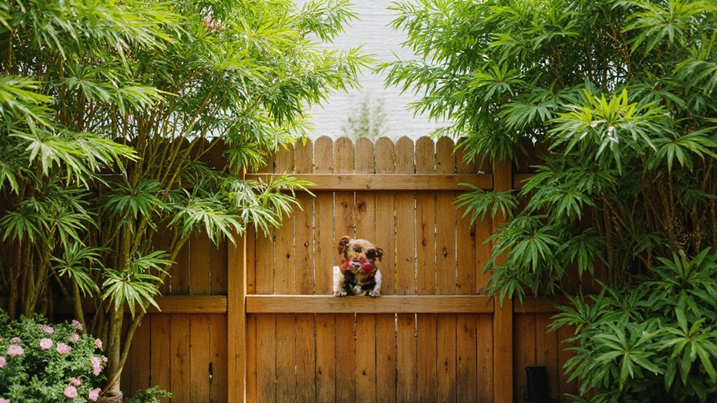 Privacy fence panels reducing outside distractions for a small dog in the backyard