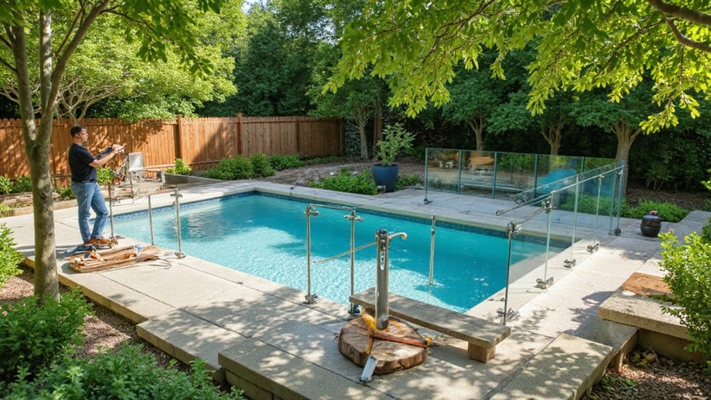 Professional installing a pool fence while homeowner compares DIY pool fence installation