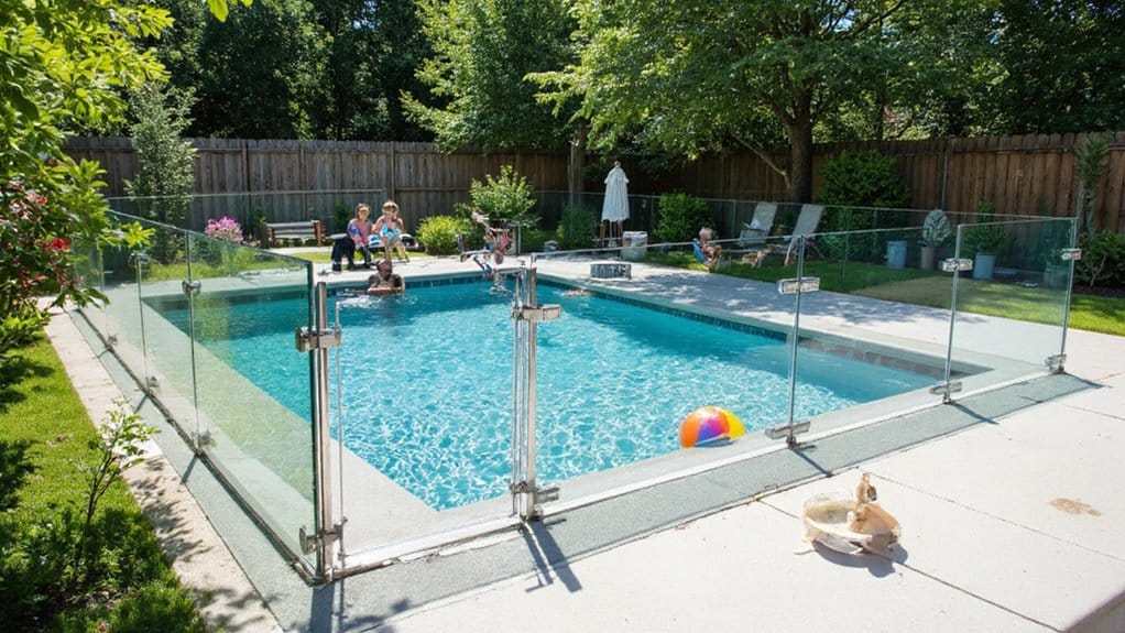 Pool fence with self-closing gate and childproof safety features around a backyard pool