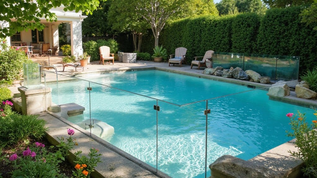 Modern pool fence that complements a landscaped backyard and outdoor living space
