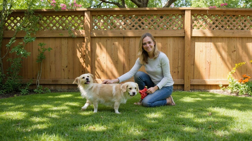 Pet owner supervising a small dog playing safely inside a fenced backyard