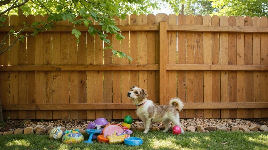 Small dog learning boundary training inside a secure fenced yard