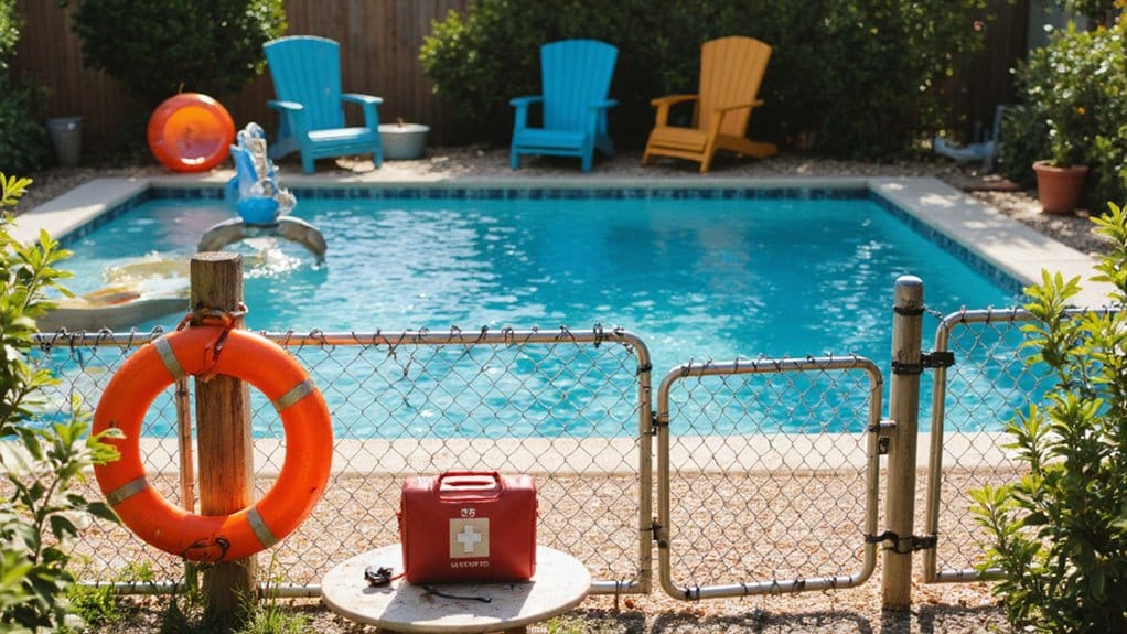 Adult closely supervising children while they swim in a backyard pool