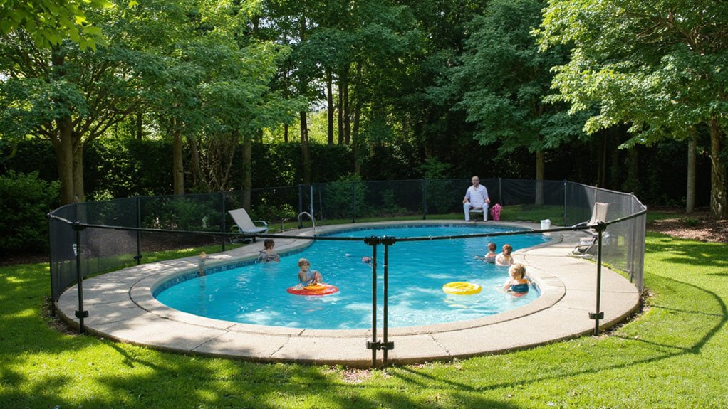 Child near a backyard pool with safety hazards in the surrounding area