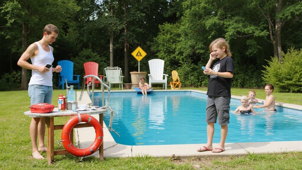 Adult responding to a pool emergency with rescue equipment nearby