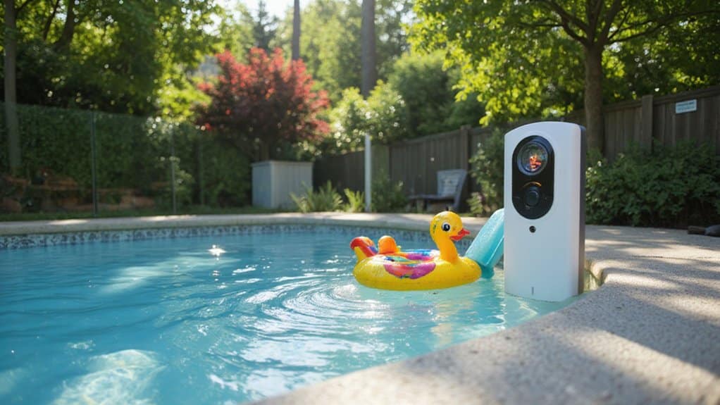 Backyard pool protected by a safety fence, self-closing gate, and alarm