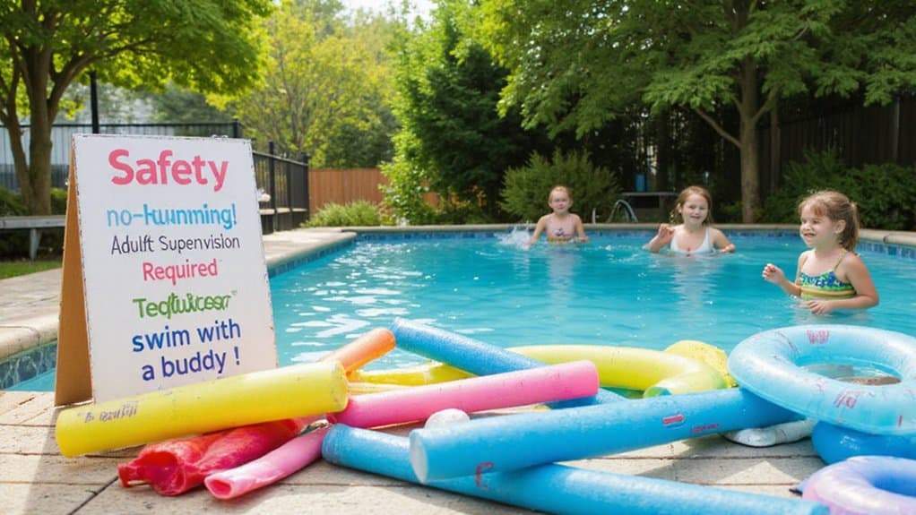 Children following safety rules around a backyard swimming pool