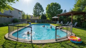 Children enjoying a backyard pool with adults supervising nearby