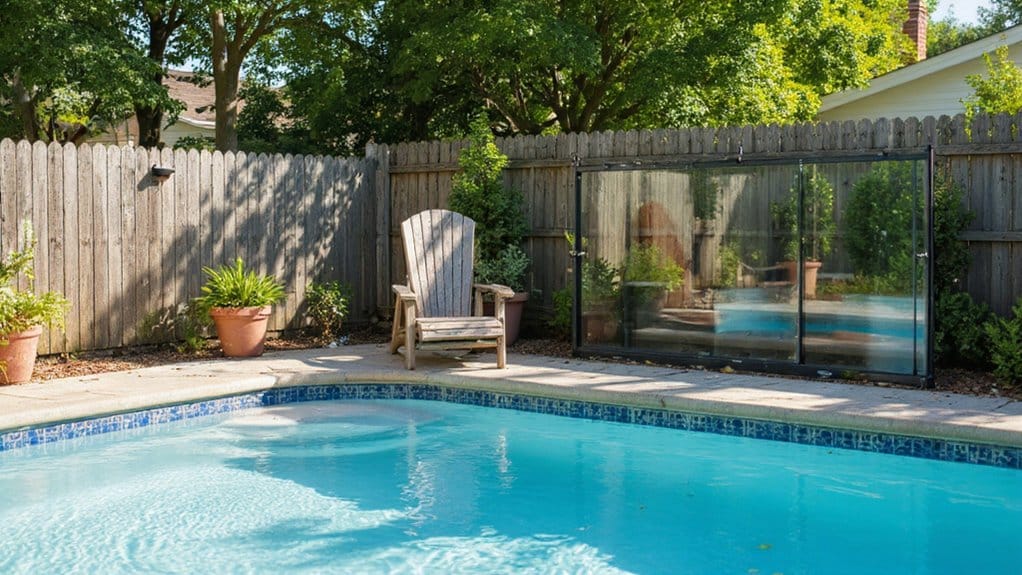 Pool fence surrounding a residential backyard swimming pool