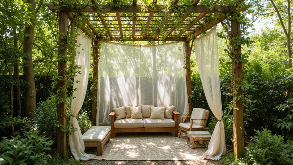 Slatted privacy structure that allows natural light into a backyard
