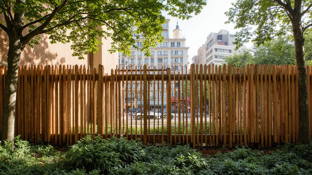Solid noise reduction fence creating a barrier between a yard and busy street