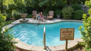 Pool area with safety fencing and safety requirements
