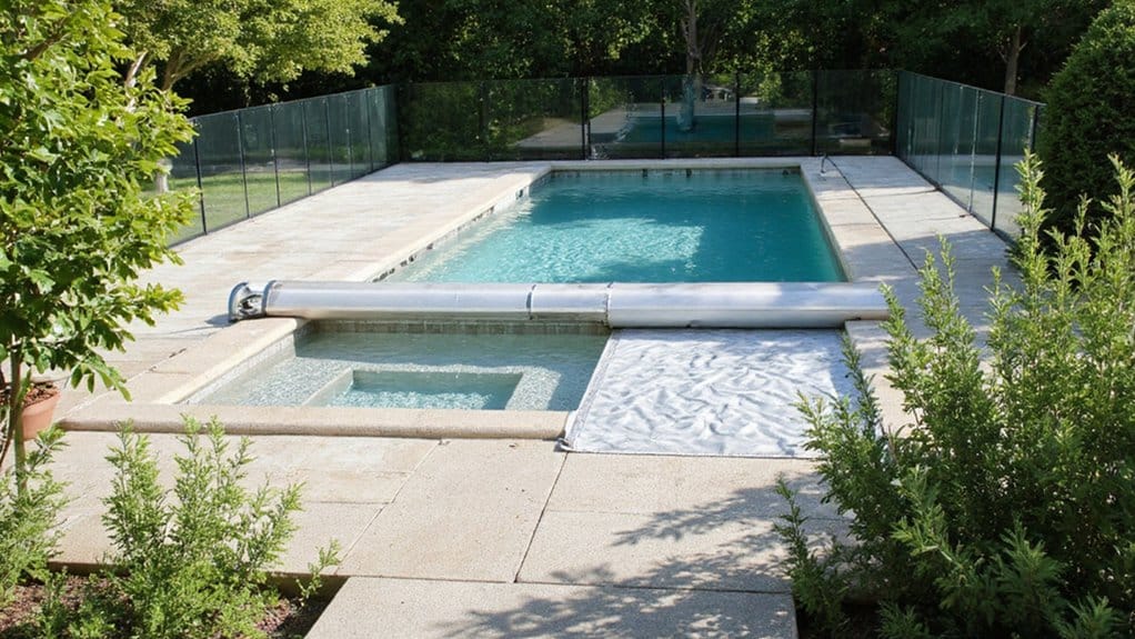 Pool fence and pool cover designed to complement an outdoor pool area