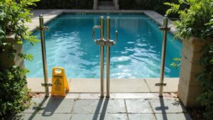 Pool fence meeting safety requirements around a residential swimming pool