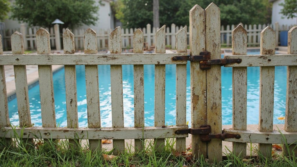 Pool fence showing signs of rust, wear, and damage