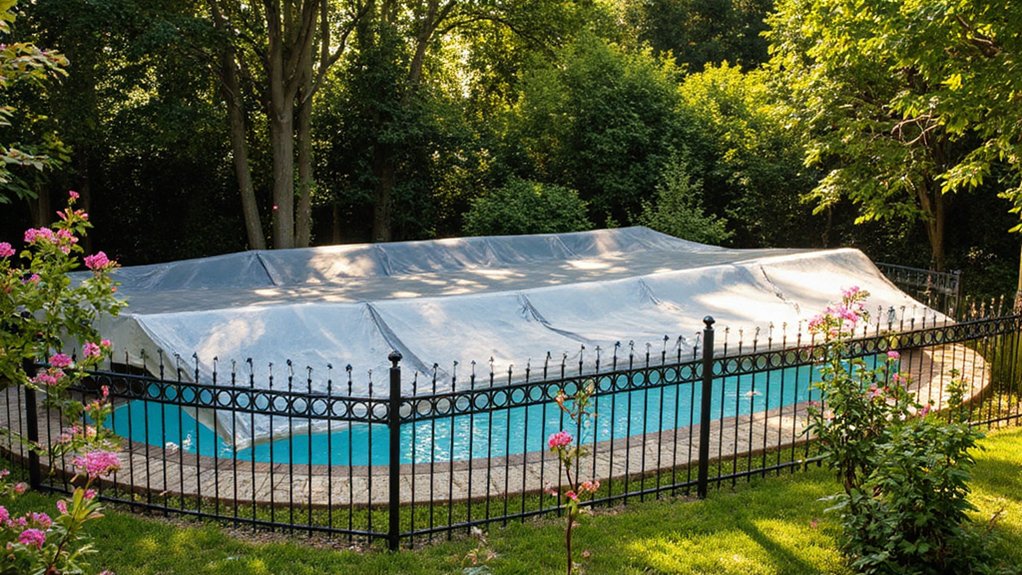 Pool safety cover protecting a swimming pool when not in use