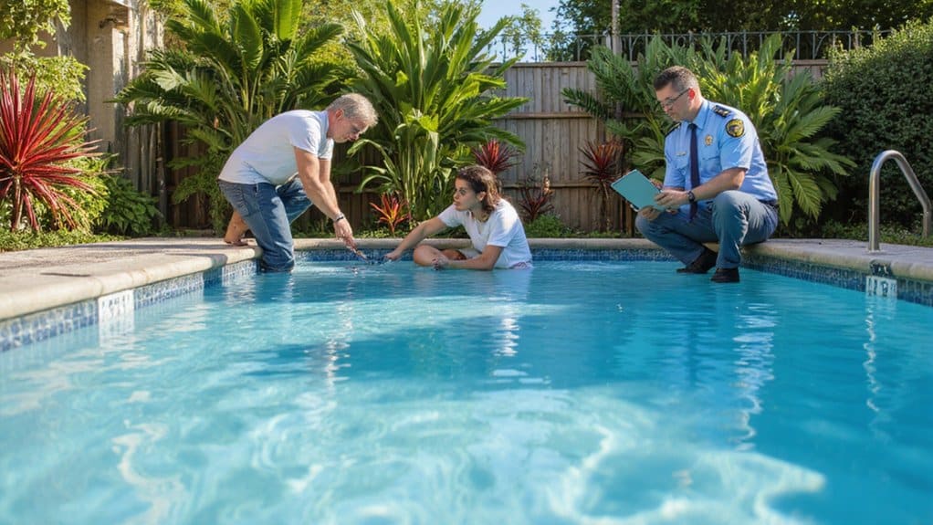 Professional inspecting a pool area for safety compliance