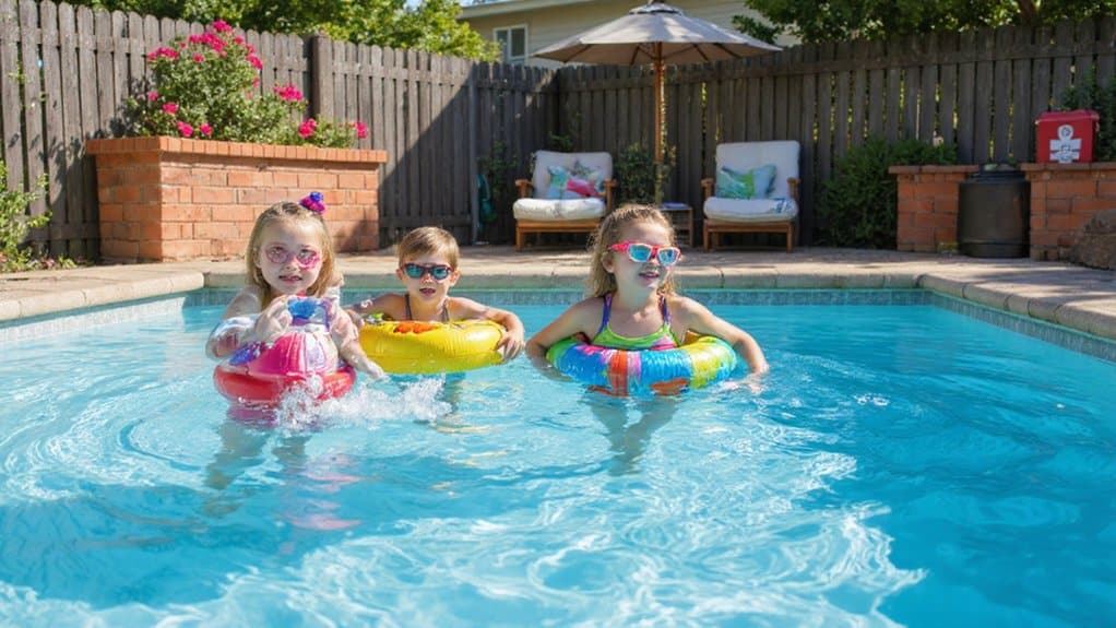 Safe backyard pool area with clear boundaries and children swimming under supervision