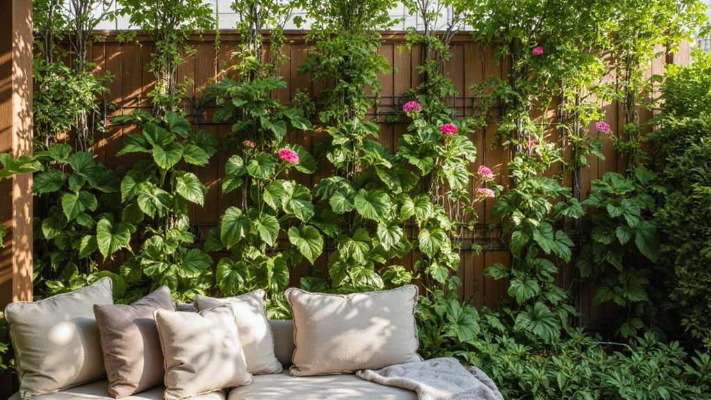 Vertical garden with climbing plants for backyard privacy
