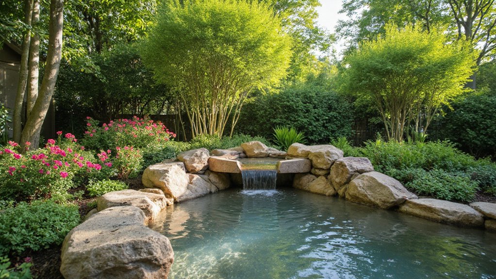 Backyard water feature surrounded by plants for a more private outdoor space